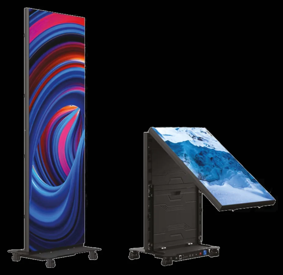 Écran LED poster P1.86 : un modèle debout sur sa base à roulettes et un modèle replié